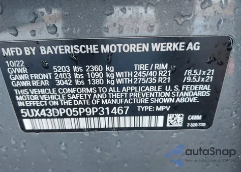 2023 BMW X3 Sdrive30I z USA, uszkodzony, nr VIN 5UX43DP05P9P31467